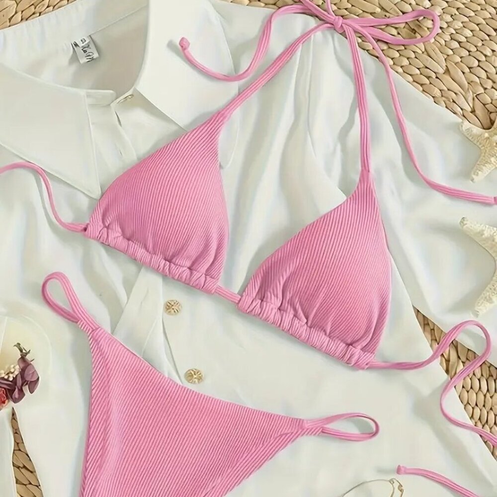 Bikini Set Halter Neck Swimwear, Adjustable Tie String (Color: Pink)